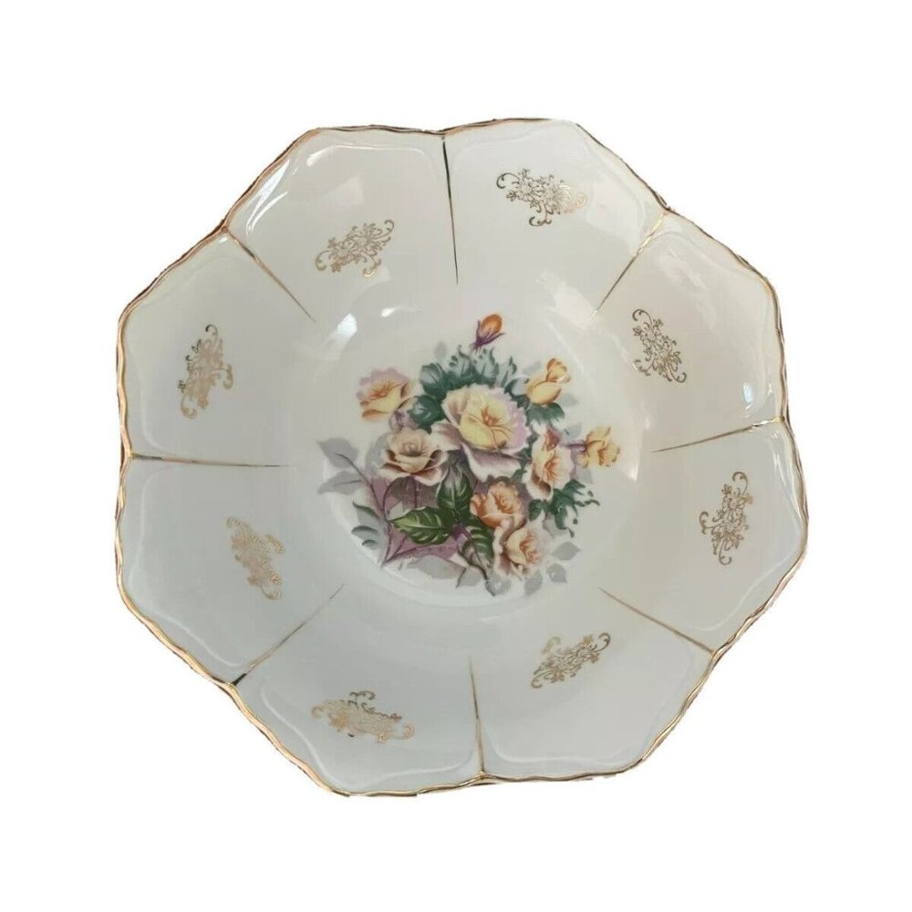 Vintage Ucago White, Gold, and Floral Decorative Ceramic Serving Bowl, Japan